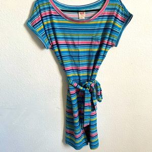 Striped dress with tie around matching belt